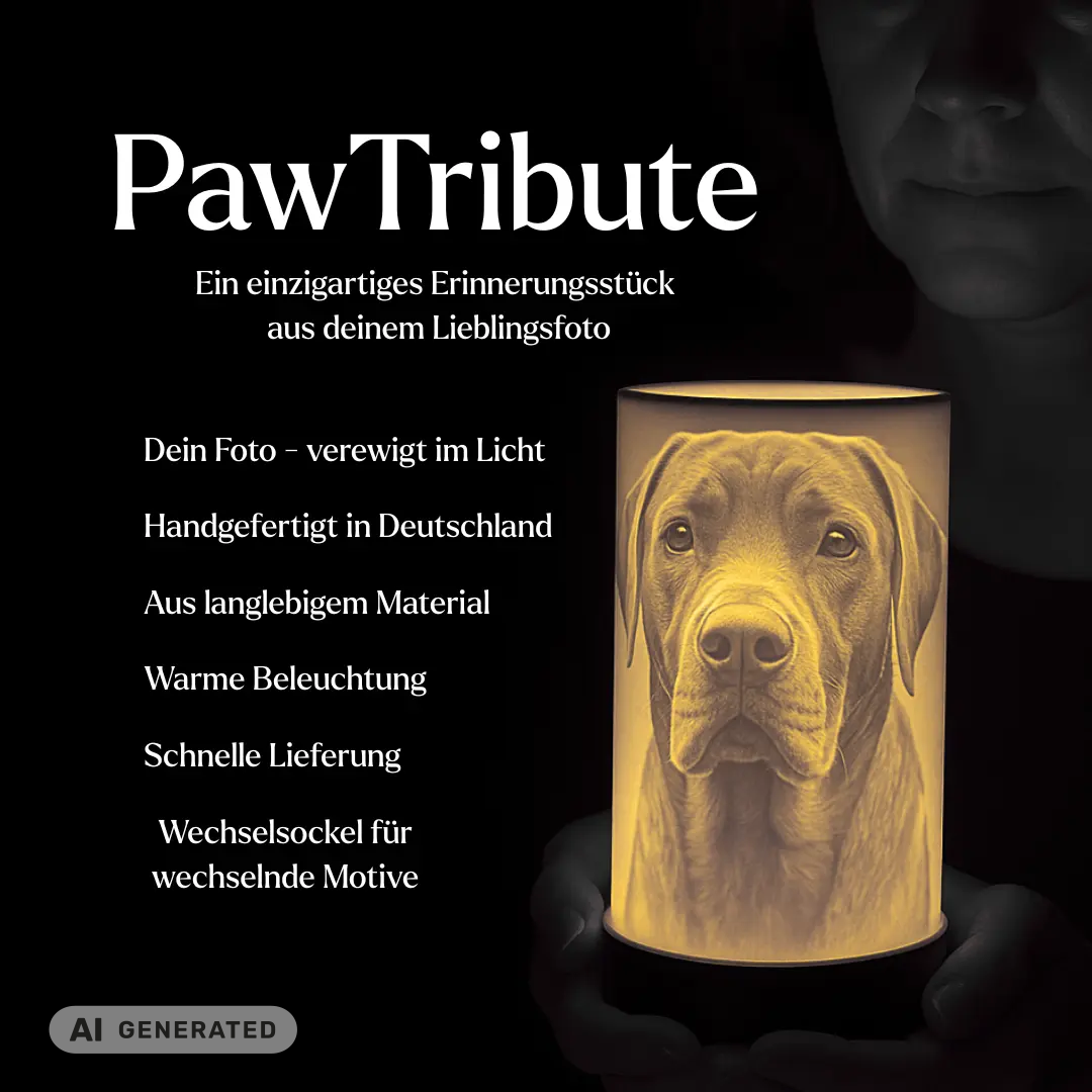 PawTribute personalisierte LED-Gedenklampe für Haustiere, beleuchtet - Bild KI-generiert aus echtem Produkt
