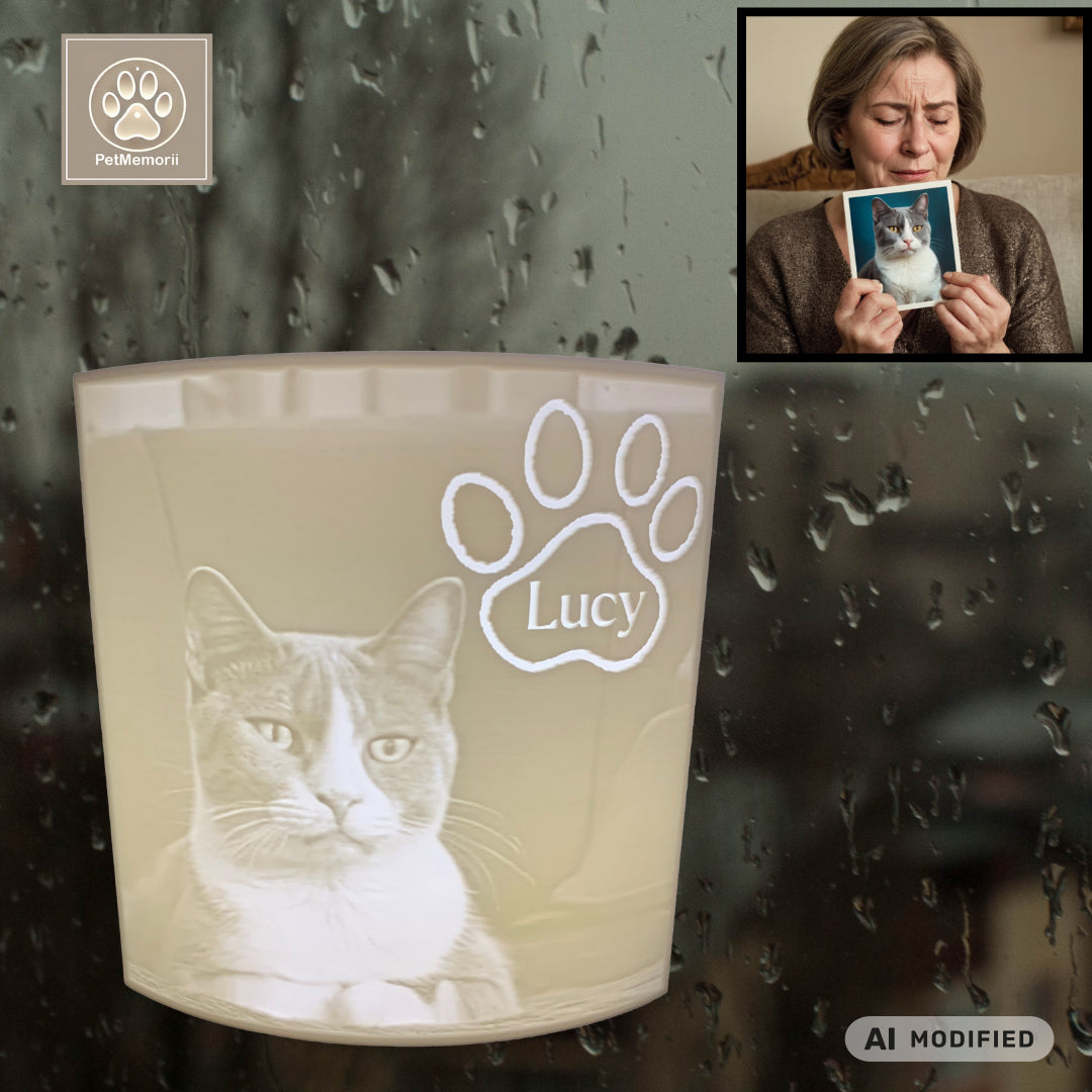PawMemory Gedenkbild – Nahaufnahme des Rahmens und der Druckqualität mit Foto des Haustiers - Echtes Produkt mit KI-generierter Umgebung