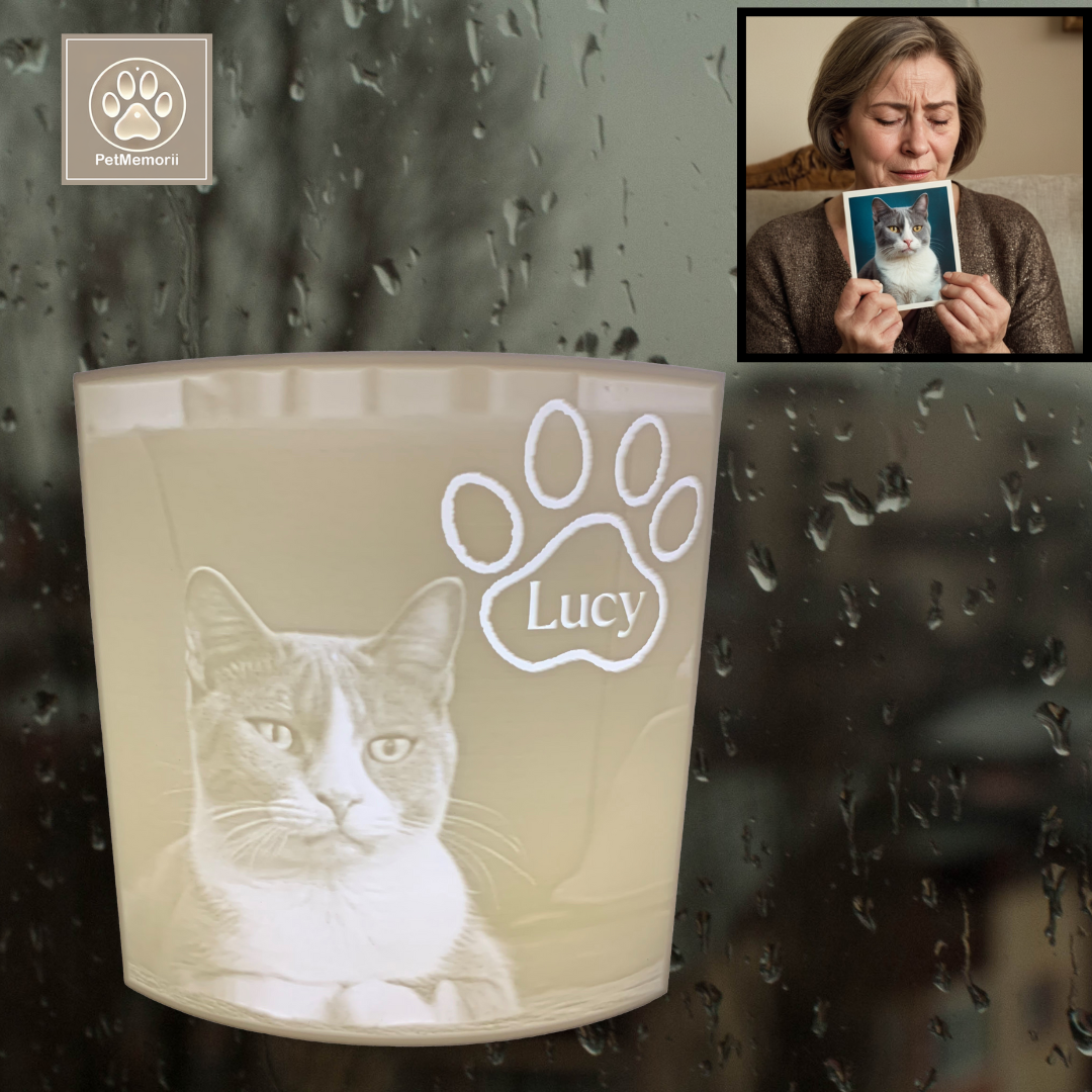 PawMemory Gedenkbild – Nahaufnahme des Rahmens und der Druckqualität mit Foto des Haustiers