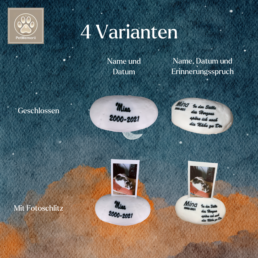 Himmelsstein Gedenkstein mit Pfotenmotiv und Gravur – Nahaufnahme von Name und Datum
