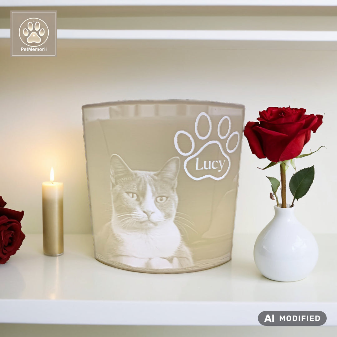 PawMemory personalisiertes Gedenkbild für Haustiere mit Foto, Name und Spruch in dekorierter Umgebung - Echtes Produkt mit KI-generierter Umgebung